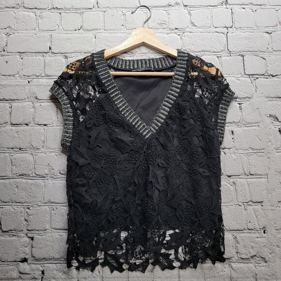 Zara Tops - Zara Black Lace V Neck Cap Sleeve Blouse Size S